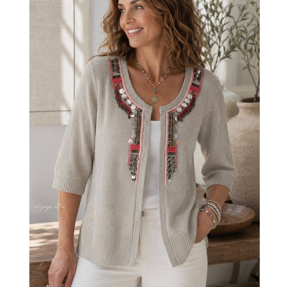 Chico's Linen Blend Embellished Cardigan Beaded Sequin Neutral Elbow Sleeve SZ 0